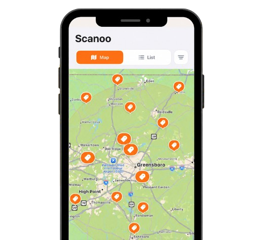 Scanoo iPhone app showing orange yard sale markers across a map near Greensboro